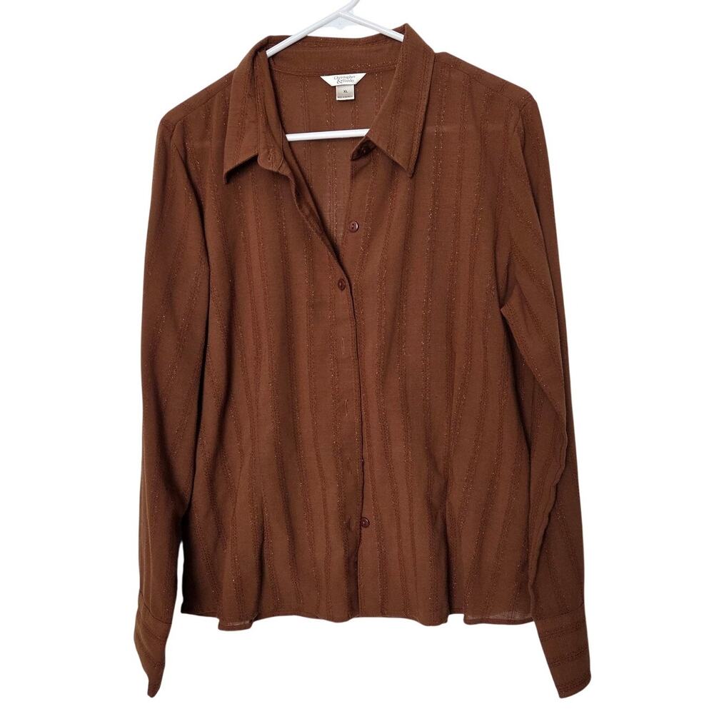 Christopher & Banks Brown Semi Sheer Long Sleeve Button Down Shirt Size XL